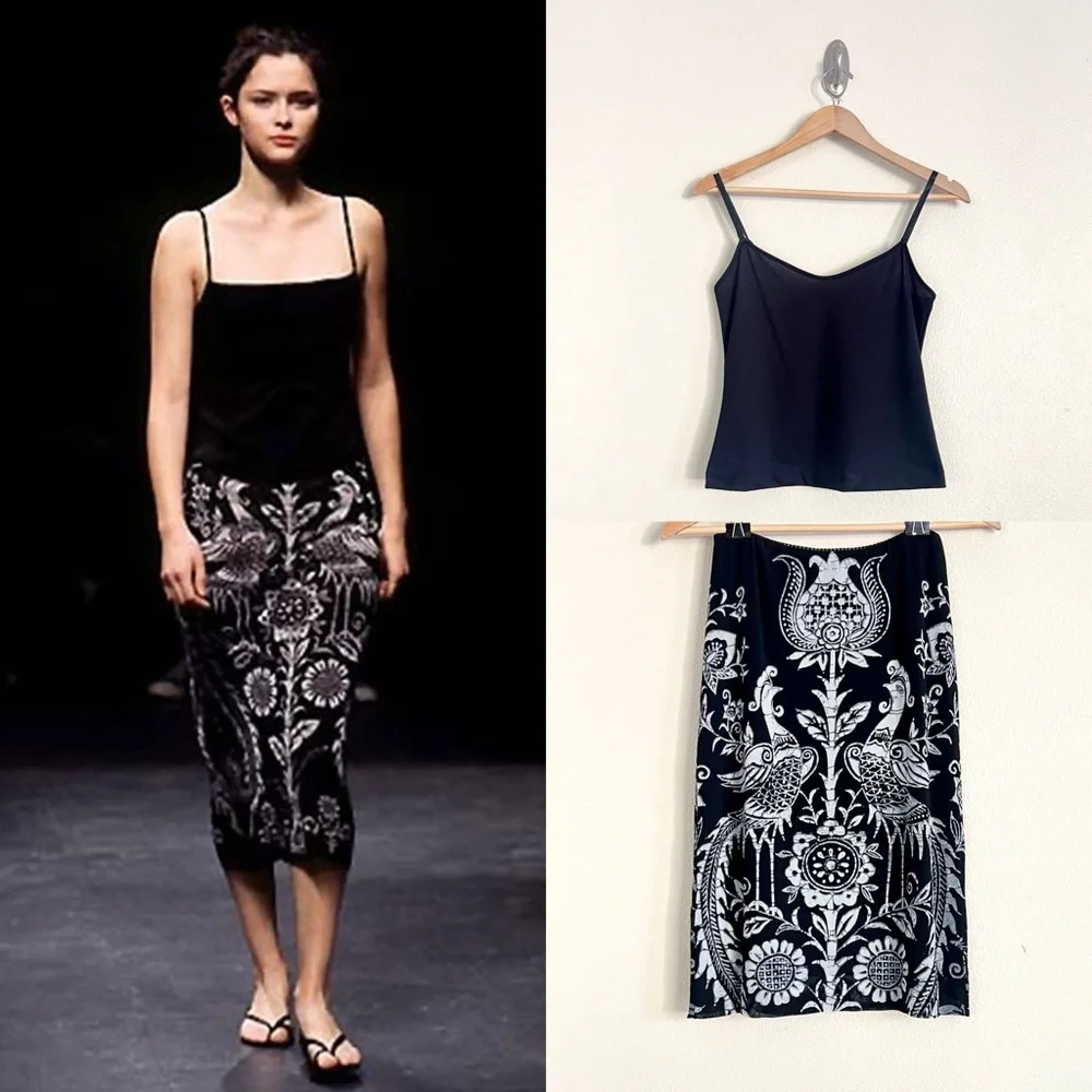 Vintage VIVIENNE TAM S/S 1998 Peacock Batik Print Mesh Top + Skirt SET in Black